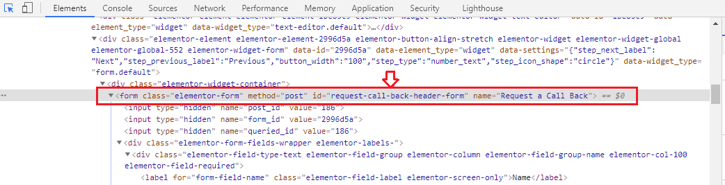 Form id element in inspect